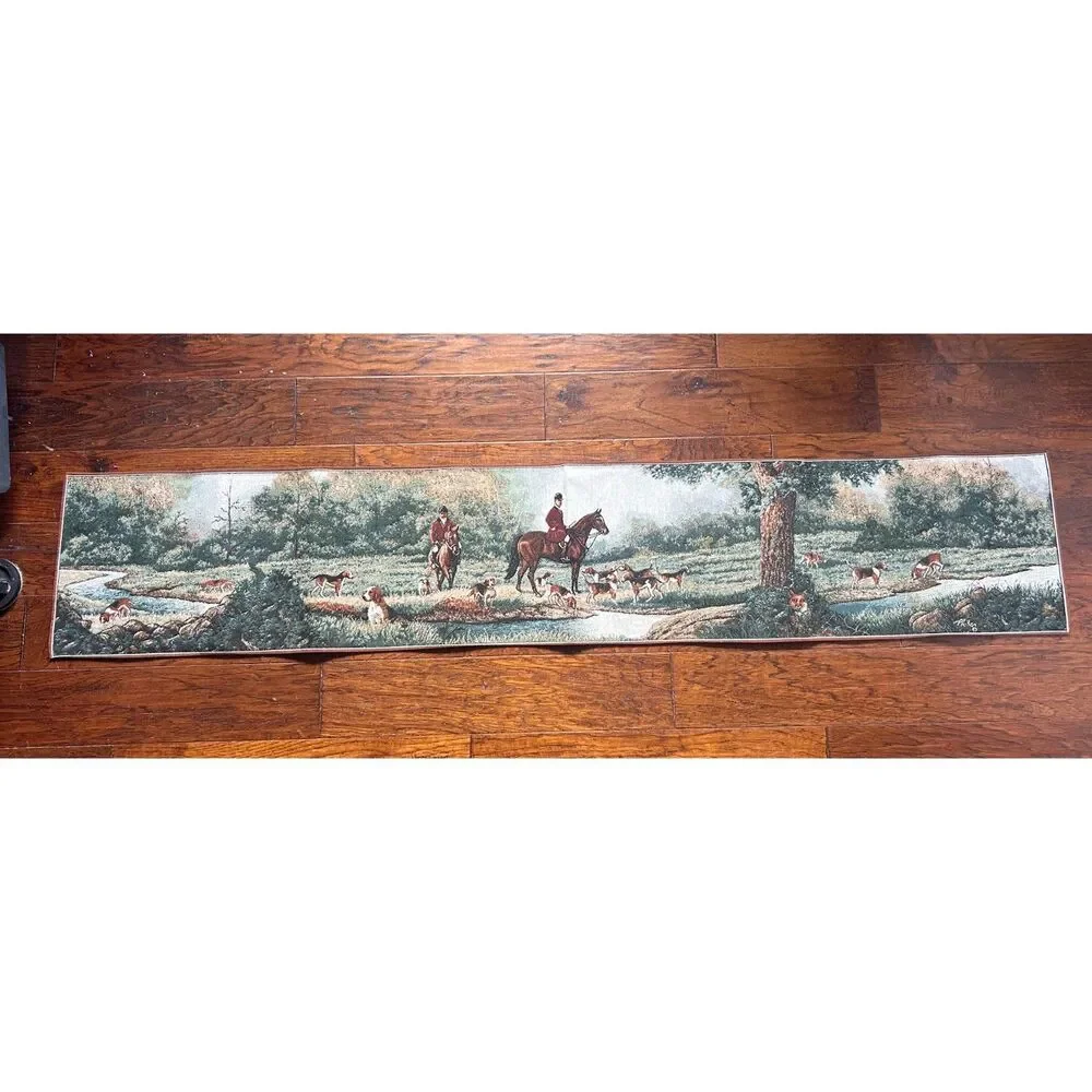 Vintage Fox Hunt Tapestry Wall Hanging Panoramic English Equestrian Scene